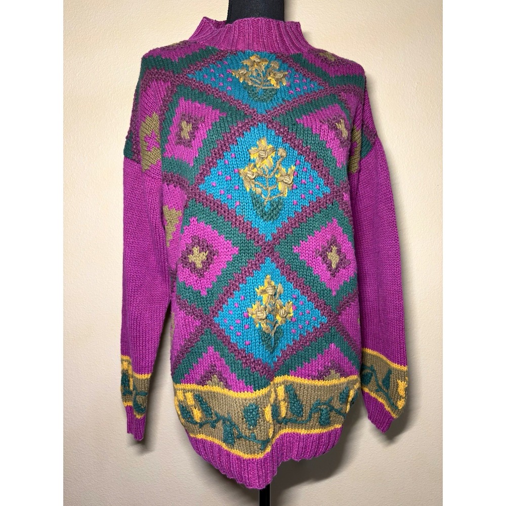Vintage 90s G.H. Bass Sweater grandma M Hand Knit Floral Embroidered Mock Neck